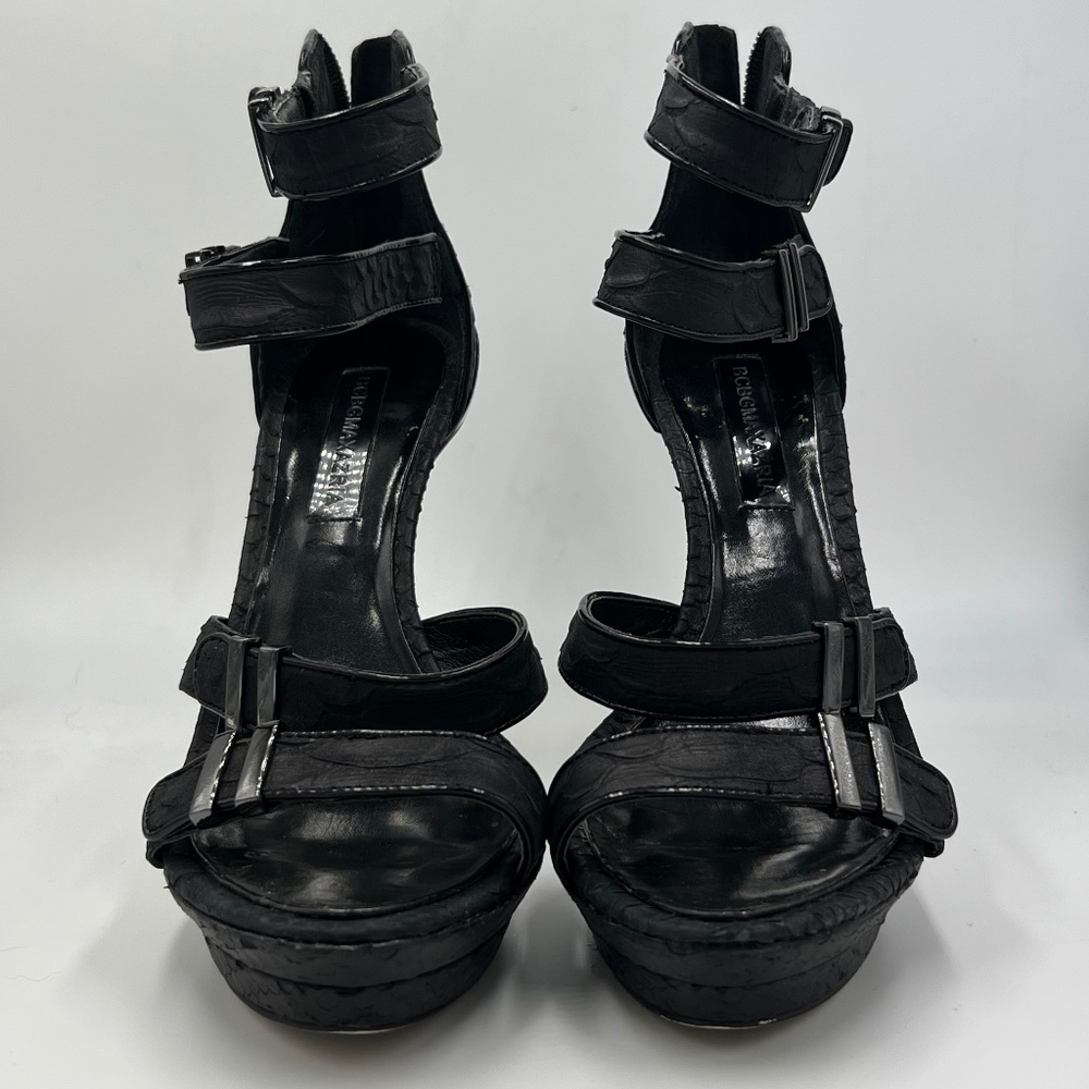 BCBGMaxAzria Black Snakeskin Style with Silver buckles and Metallic Heels 7.5